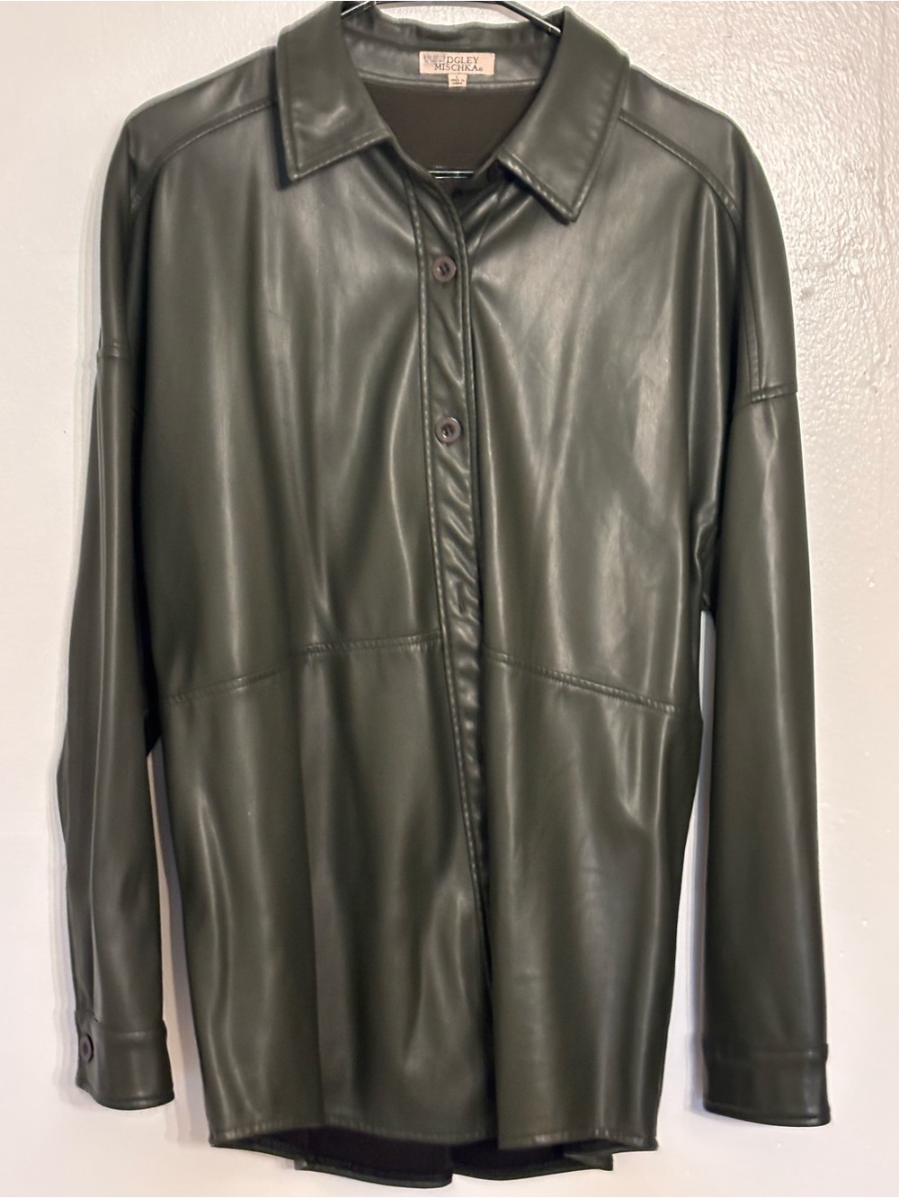 Dark Olive Vegan faux Leather Button-Front Shirt